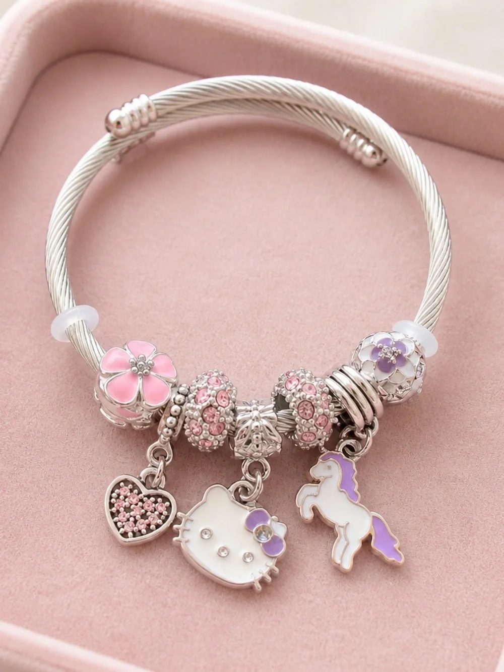 NWOT Girls Pandora Like Hello Kitty Charm Bracelet Pink/Purple Rhinestones